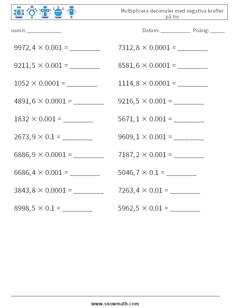 Multiplicera decimaler med negativa krafter på tio Matematiska arbetsblad 9
