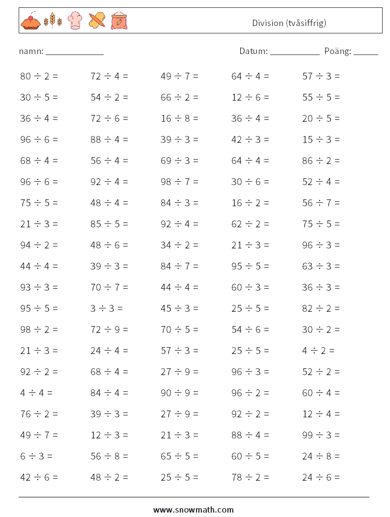 (100) Division (tvåsiffrig) Matematiska arbetsblad 1