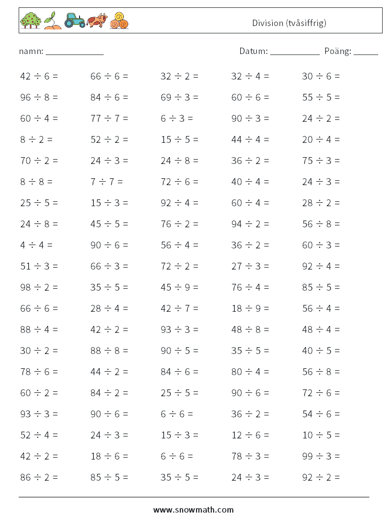 (100) Division (tvåsiffrig) Matematiska arbetsblad 2