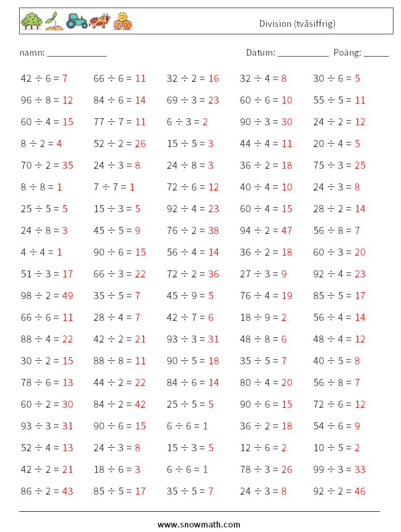 (100) Division (tvåsiffrig) Matematiska arbetsblad 2 Fråga, svar