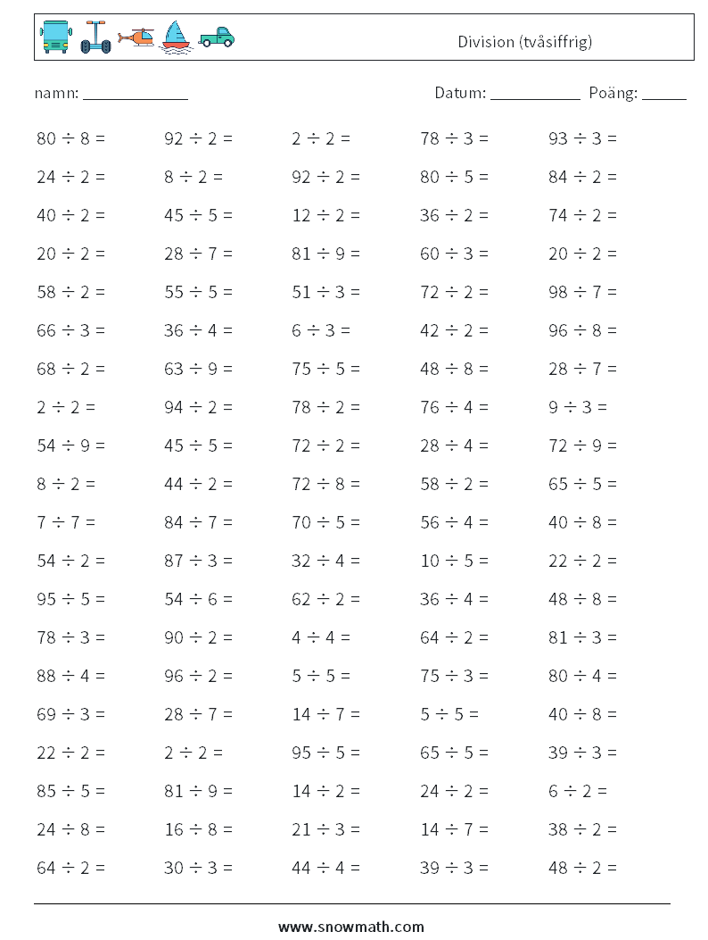 (100) Division (tvåsiffrig) Matematiska arbetsblad 3