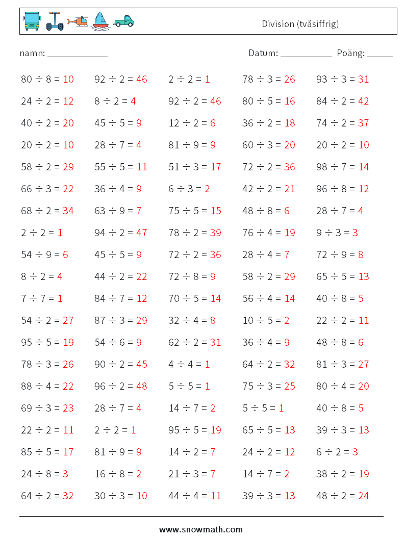 (100) Division (tvåsiffrig) Matematiska arbetsblad 3 Fråga, svar