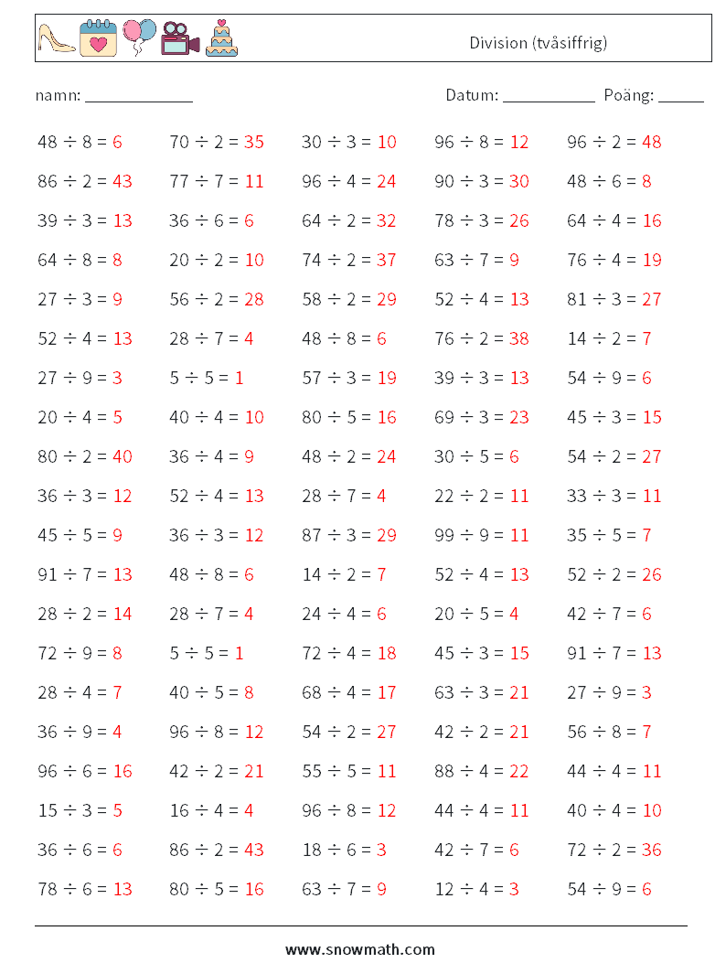 (100) Division (tvåsiffrig) Matematiska arbetsblad 5 Fråga, svar