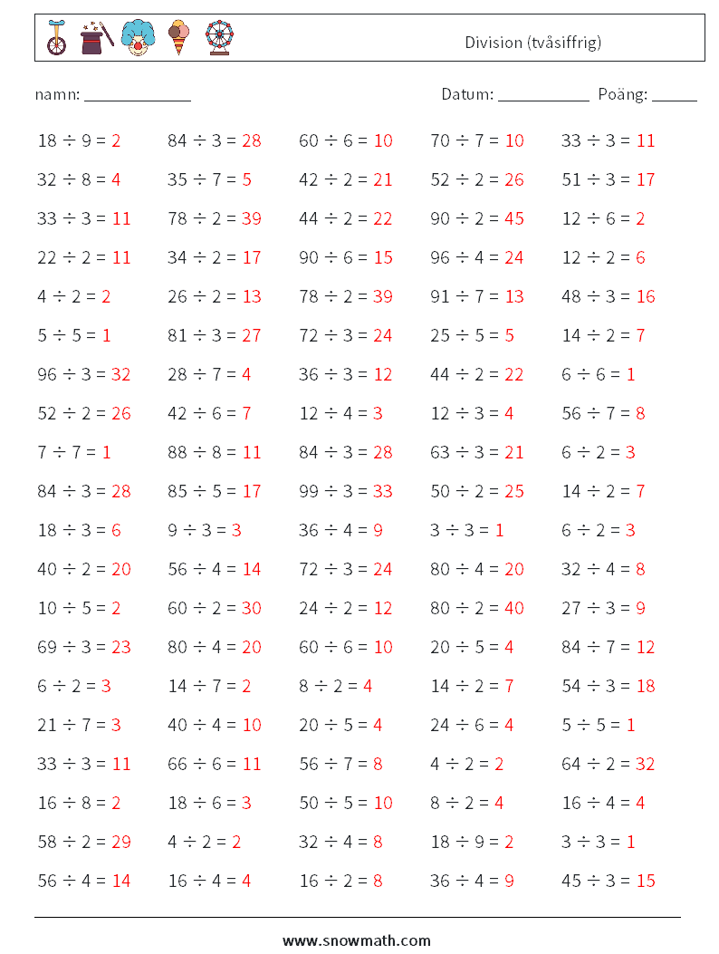 (100) Division (tvåsiffrig) Matematiska arbetsblad 6 Fråga, svar