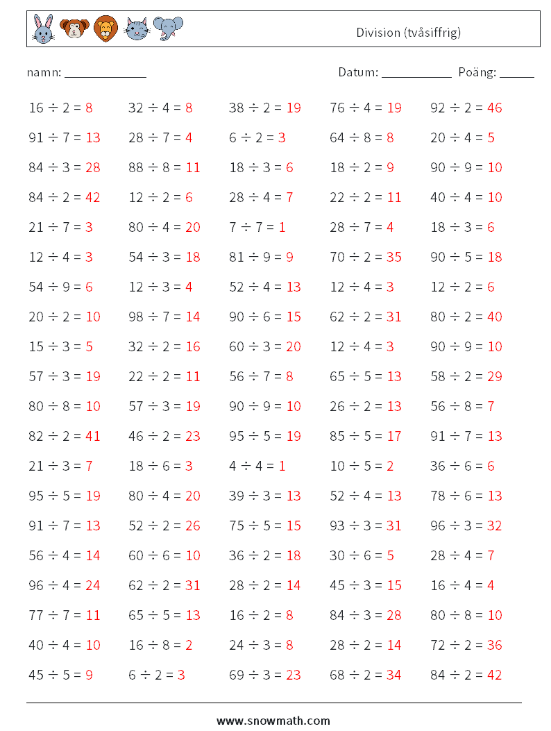 (100) Division (tvåsiffrig) Matematiska arbetsblad 7 Fråga, svar