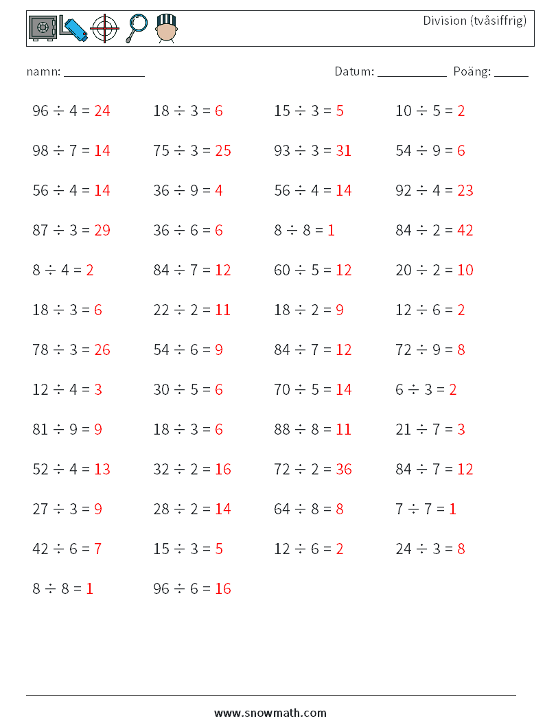 (50) Division (tvåsiffrig) Matematiska arbetsblad 1 Fråga, svar