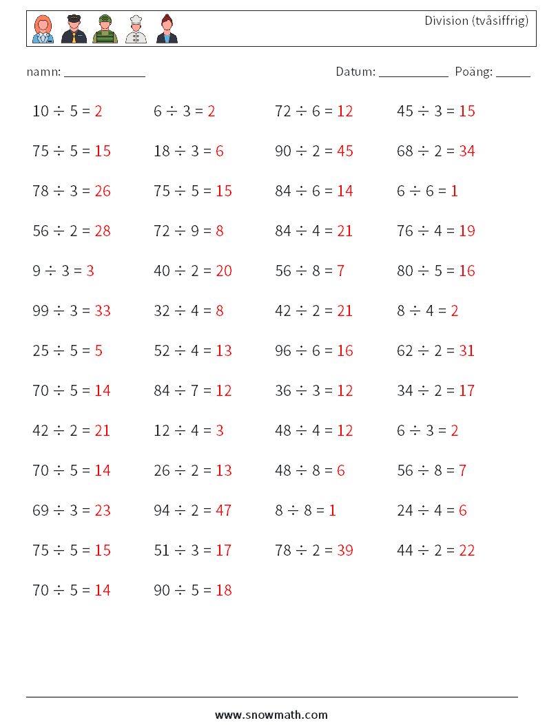 (50) Division (tvåsiffrig) Matematiska arbetsblad 3 Fråga, svar