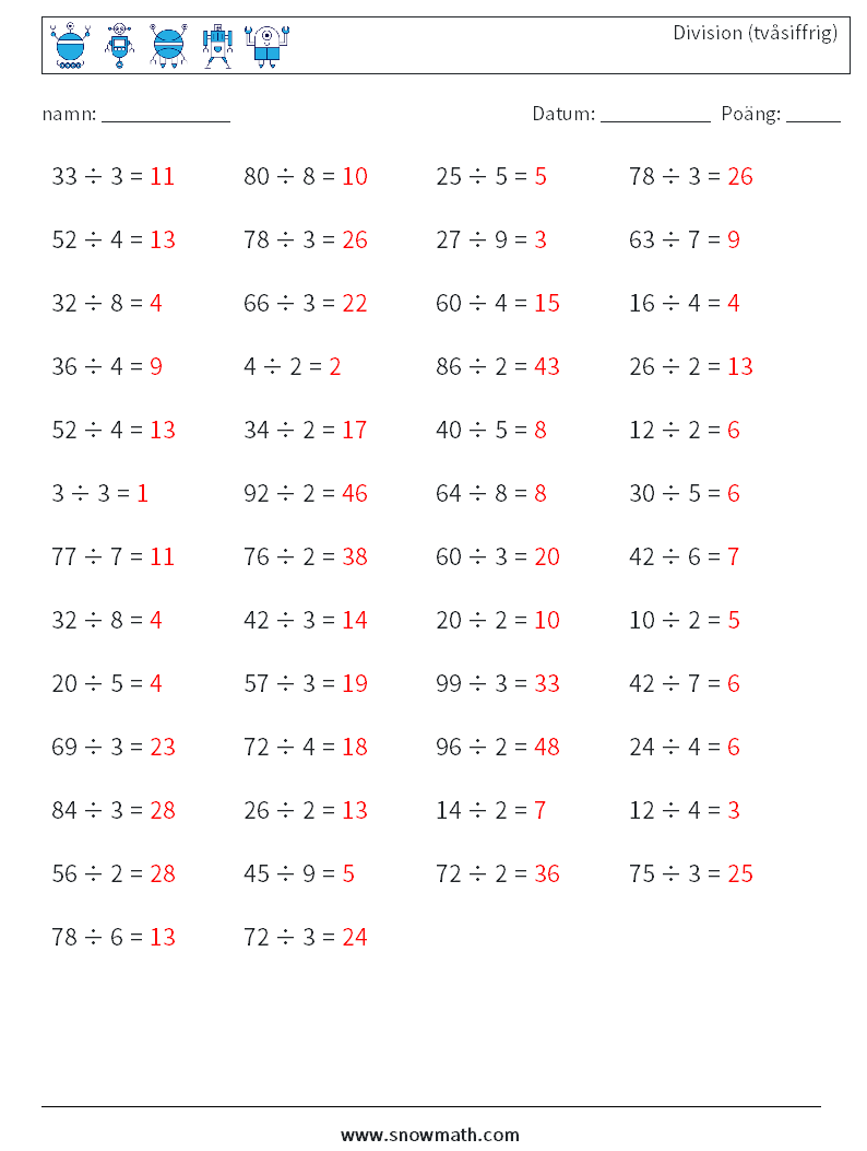 (50) Division (tvåsiffrig) Matematiska arbetsblad 5 Fråga, svar