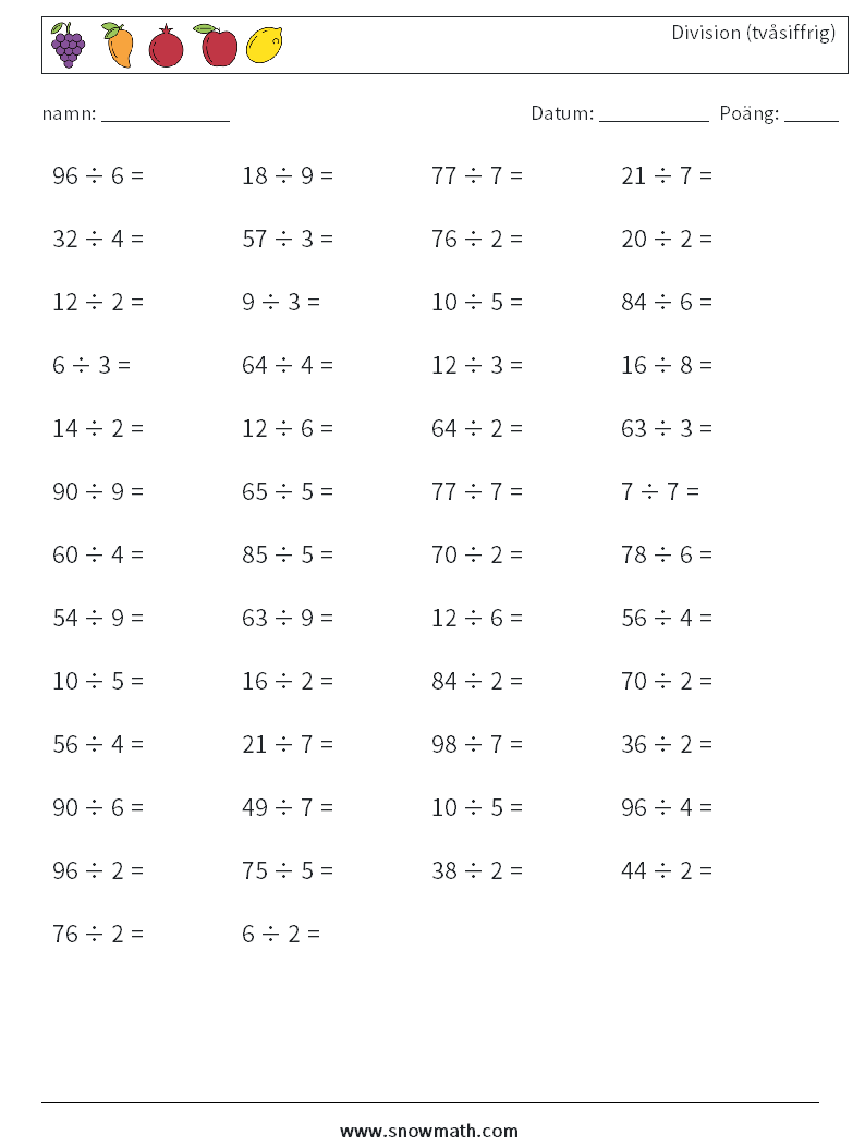 (50) Division (tvåsiffrig) Matematiska arbetsblad 6