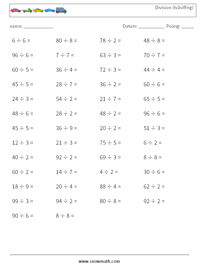 (50) Division (tvåsiffrig) Matematiska arbetsblad 7