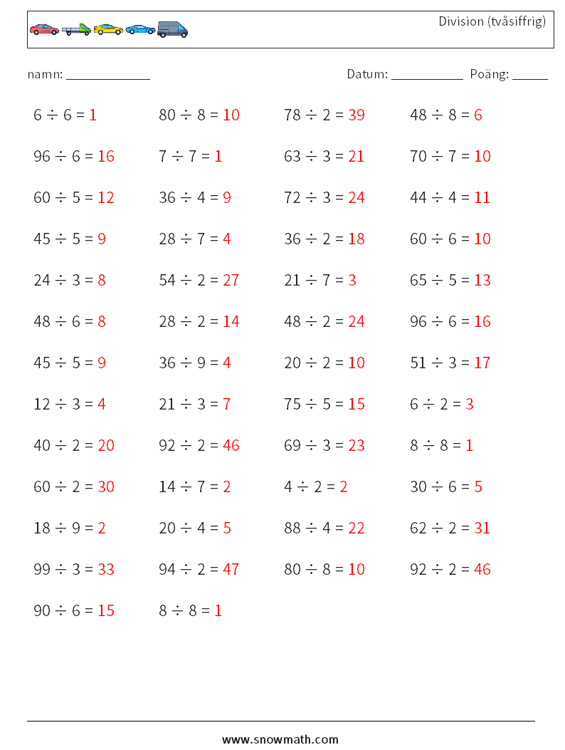 (50) Division (tvåsiffrig) Matematiska arbetsblad 7 Fråga, svar