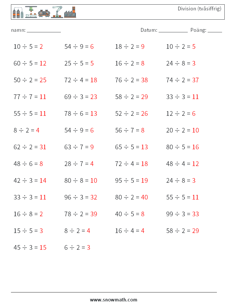 (50) Division (tvåsiffrig) Matematiska arbetsblad 9 Fråga, svar