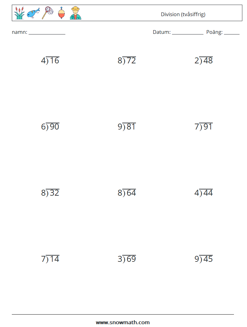 (12) Division (tvåsiffrig) Matematiska arbetsblad 10