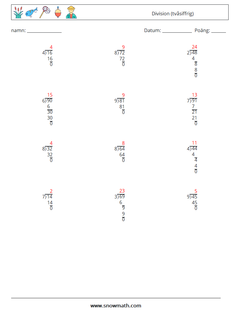 (12) Division (tvåsiffrig) Matematiska arbetsblad 10 Fråga, svar