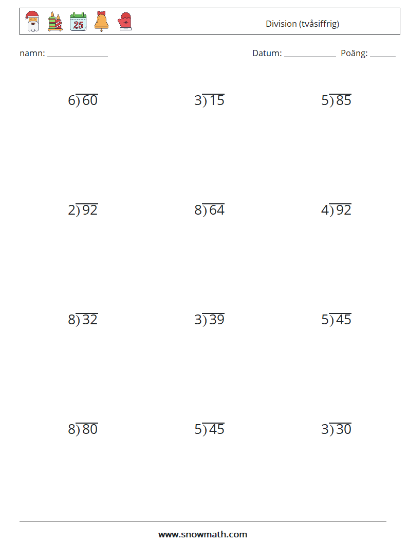 (12) Division (tvåsiffrig) Matematiska arbetsblad 12