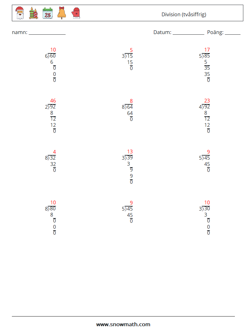 (12) Division (tvåsiffrig) Matematiska arbetsblad 12 Fråga, svar