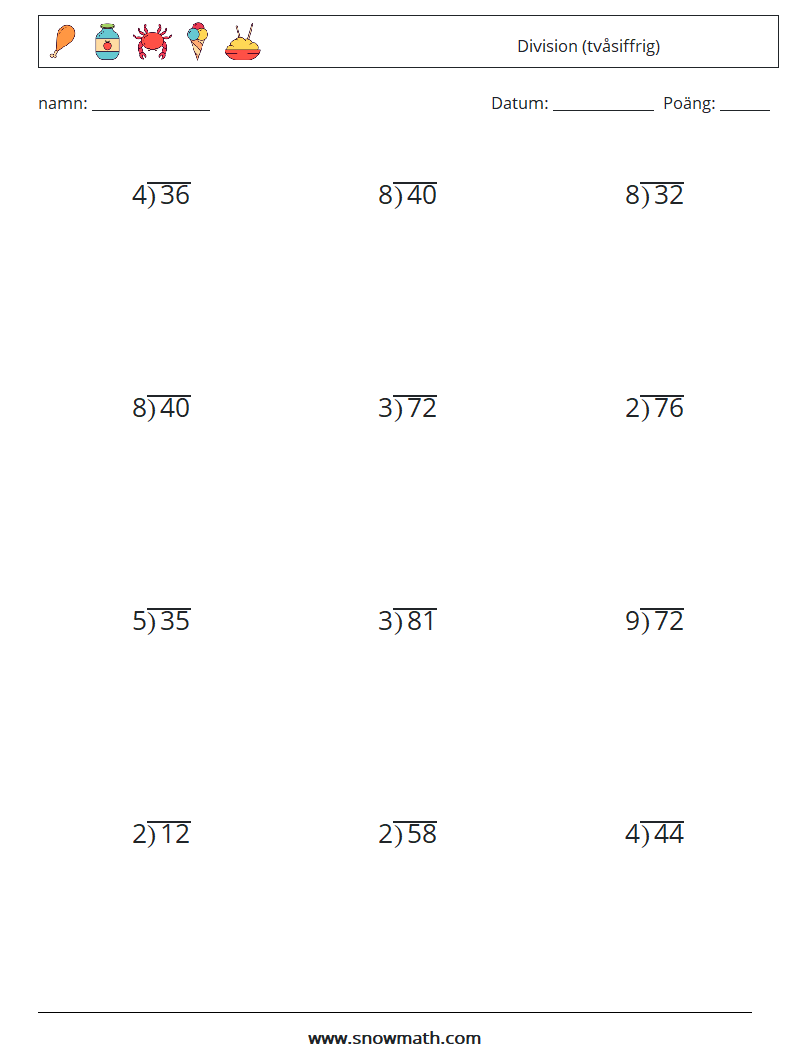 (12) Division (tvåsiffrig) Matematiska arbetsblad 13