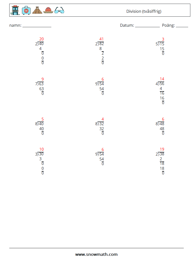 (12) Division (tvåsiffrig) Matematiska arbetsblad 14 Fråga, svar