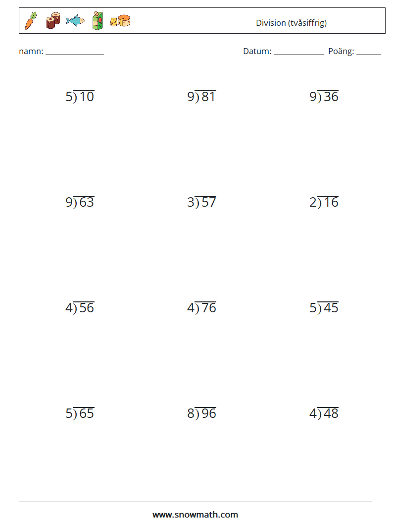 (12) Division (tvåsiffrig) Matematiska arbetsblad 15