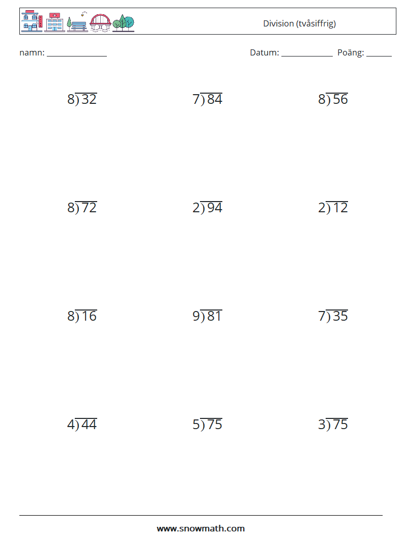 (12) Division (tvåsiffrig) Matematiska arbetsblad 17