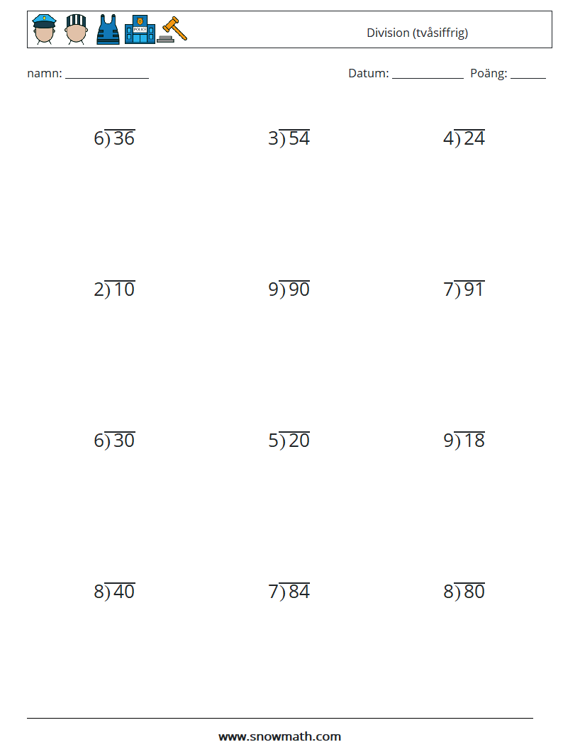 (12) Division (tvåsiffrig) Matematiska arbetsblad 18