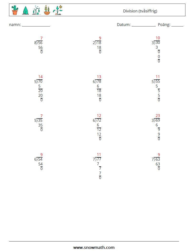 (12) Division (tvåsiffrig) Matematiska arbetsblad 1 Fråga, svar