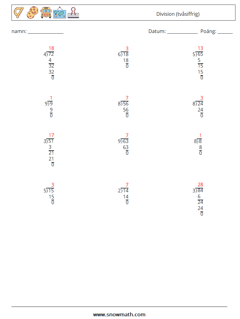 (12) Division (tvåsiffrig) Matematiska arbetsblad 2 Fråga, svar