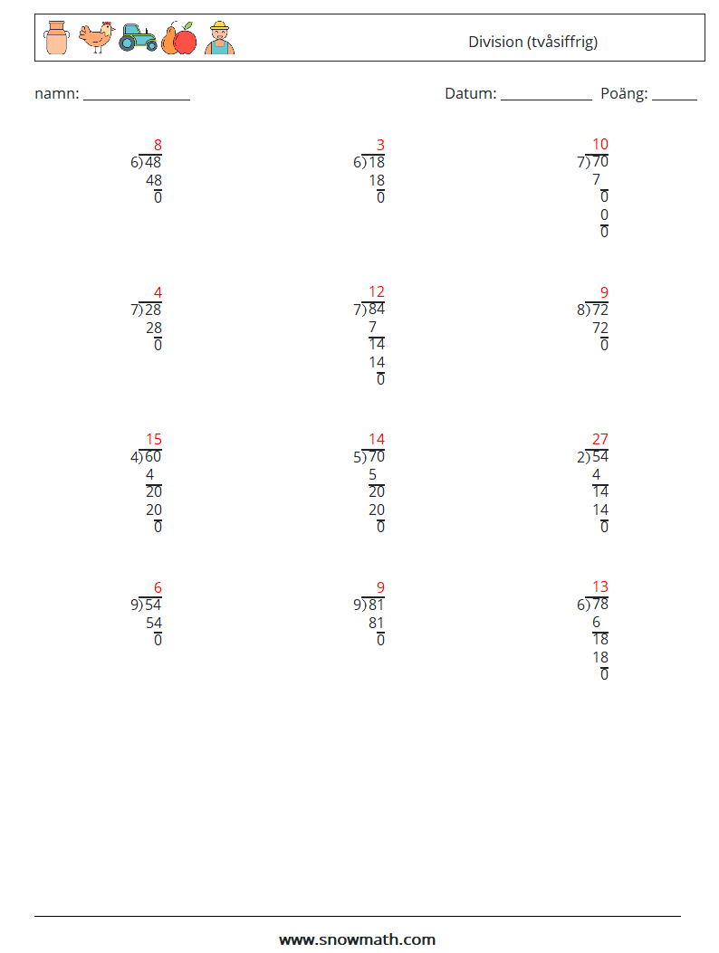 (12) Division (tvåsiffrig) Matematiska arbetsblad 3 Fråga, svar