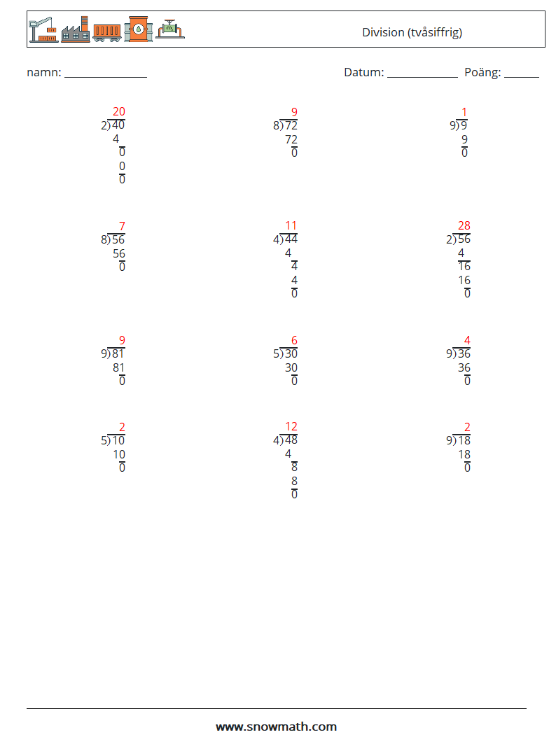 (12) Division (tvåsiffrig) Matematiska arbetsblad 4 Fråga, svar