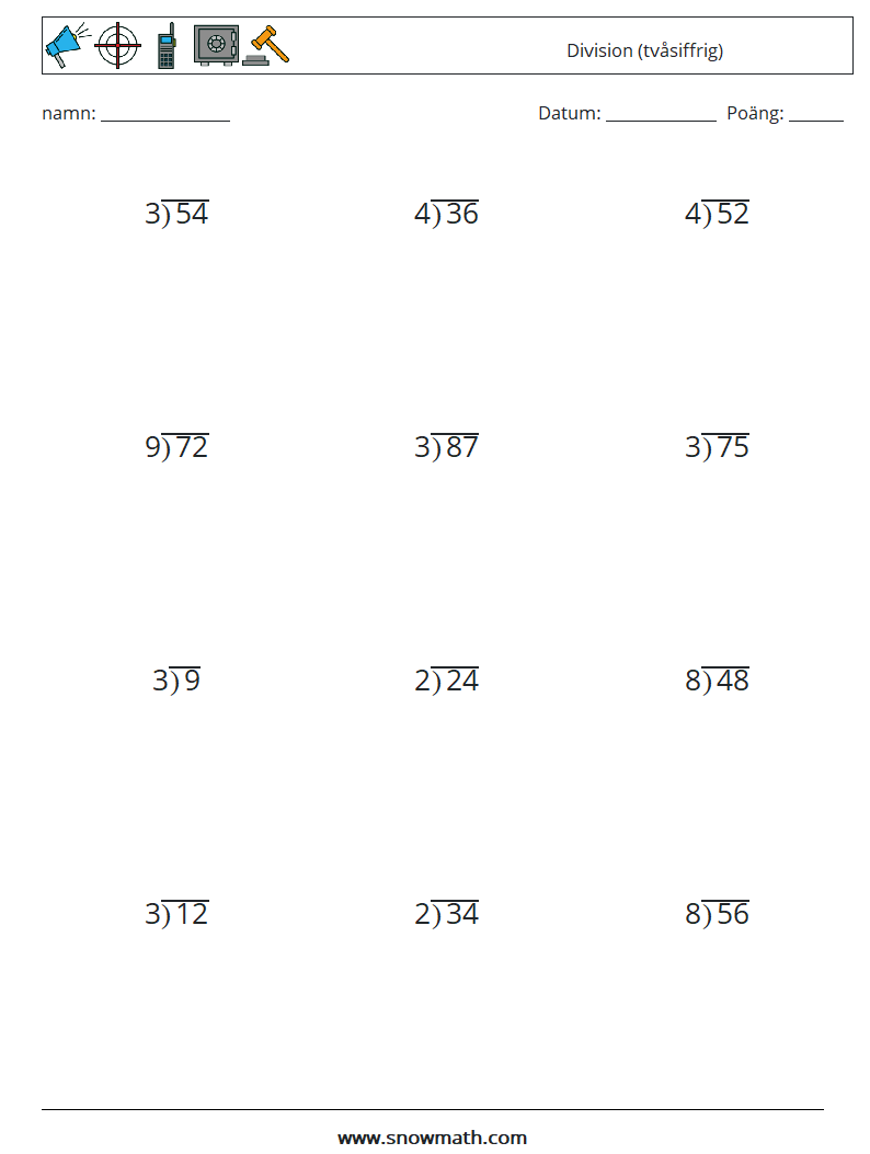 (12) Division (tvåsiffrig) Matematiska arbetsblad 5