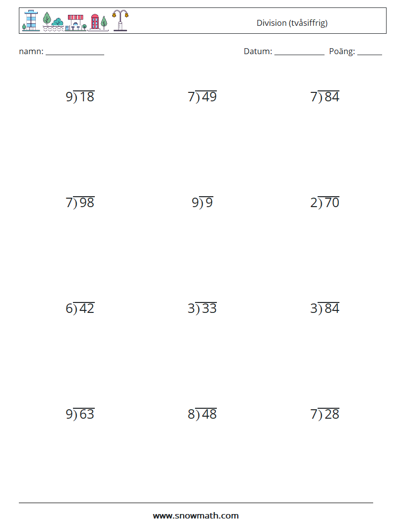 (12) Division (tvåsiffrig) Matematiska arbetsblad 6