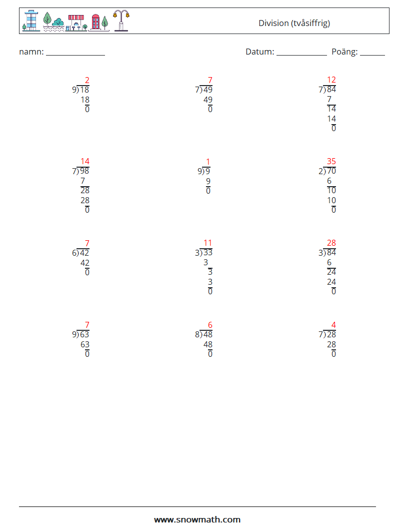 (12) Division (tvåsiffrig) Matematiska arbetsblad 6 Fråga, svar