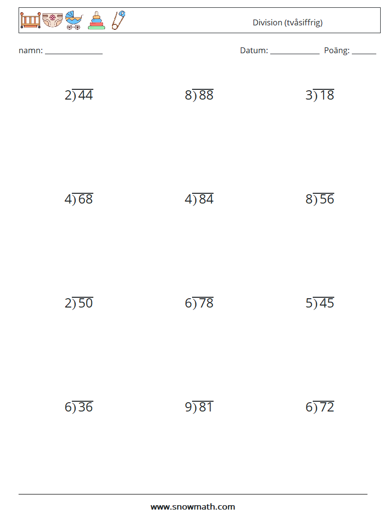 (12) Division (tvåsiffrig) Matematiska arbetsblad 7