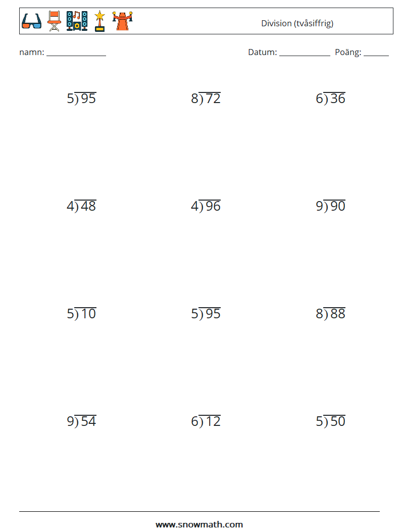 (12) Division (tvåsiffrig) Matematiska arbetsblad 8