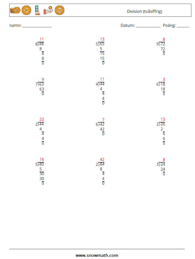 (12) Division (tvåsiffrig) Matematiska arbetsblad 9 Fråga, svar