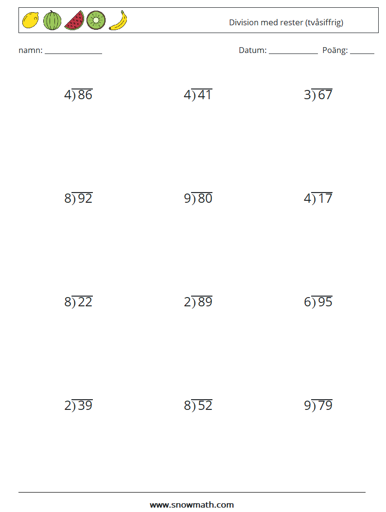 (12) Division med rester (tvåsiffrig) Matematiska arbetsblad 1