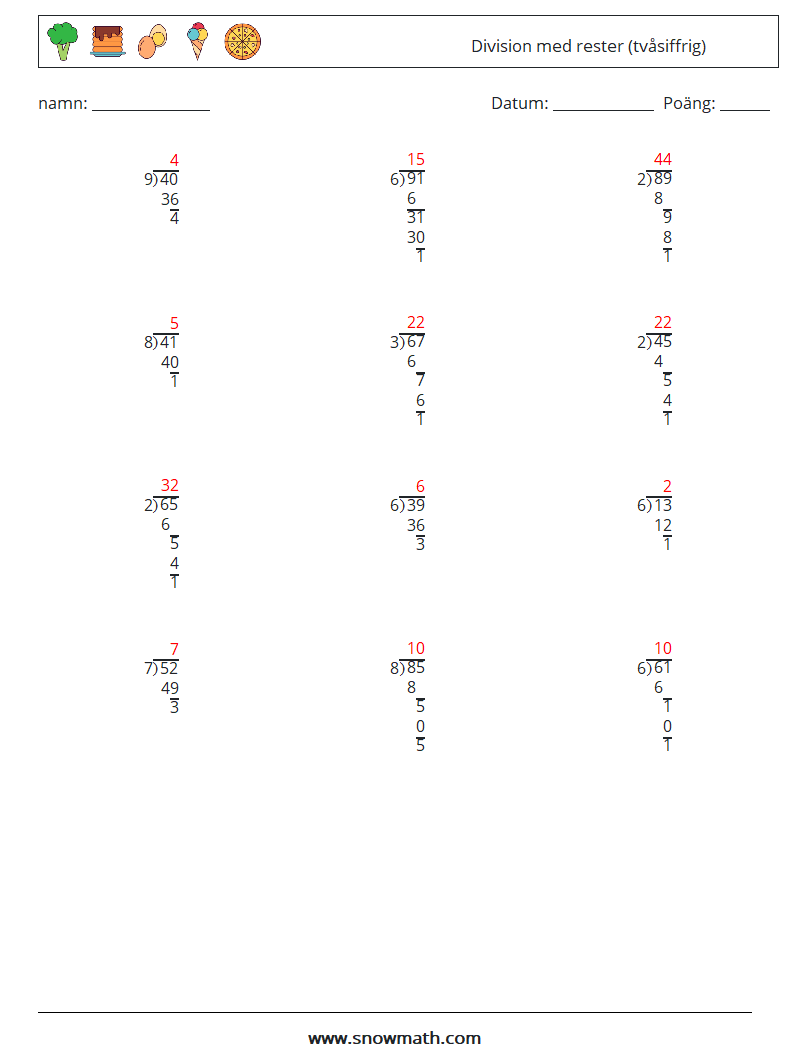 (12) Division med rester (tvåsiffrig) Matematiska arbetsblad 12 Fråga, svar