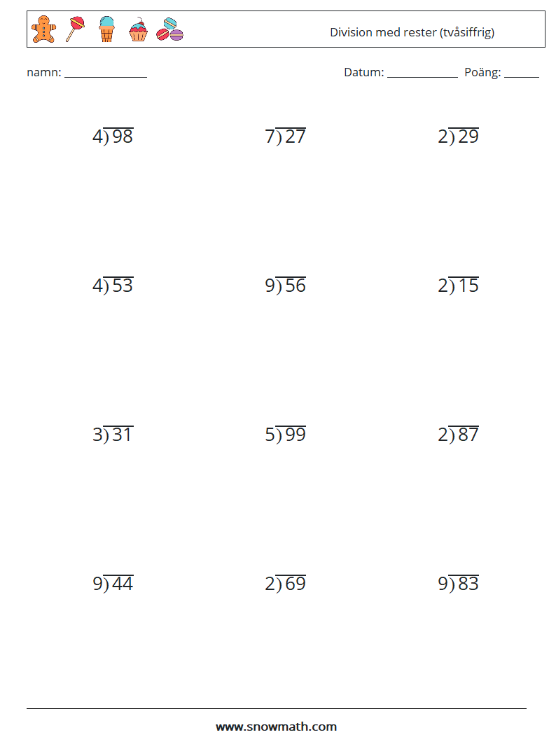 (12) Division med rester (tvåsiffrig) Matematiska arbetsblad 13