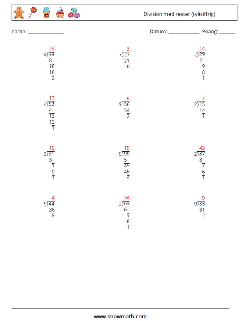 (12) Division med rester (tvåsiffrig) Matematiska arbetsblad 13 Fråga, svar