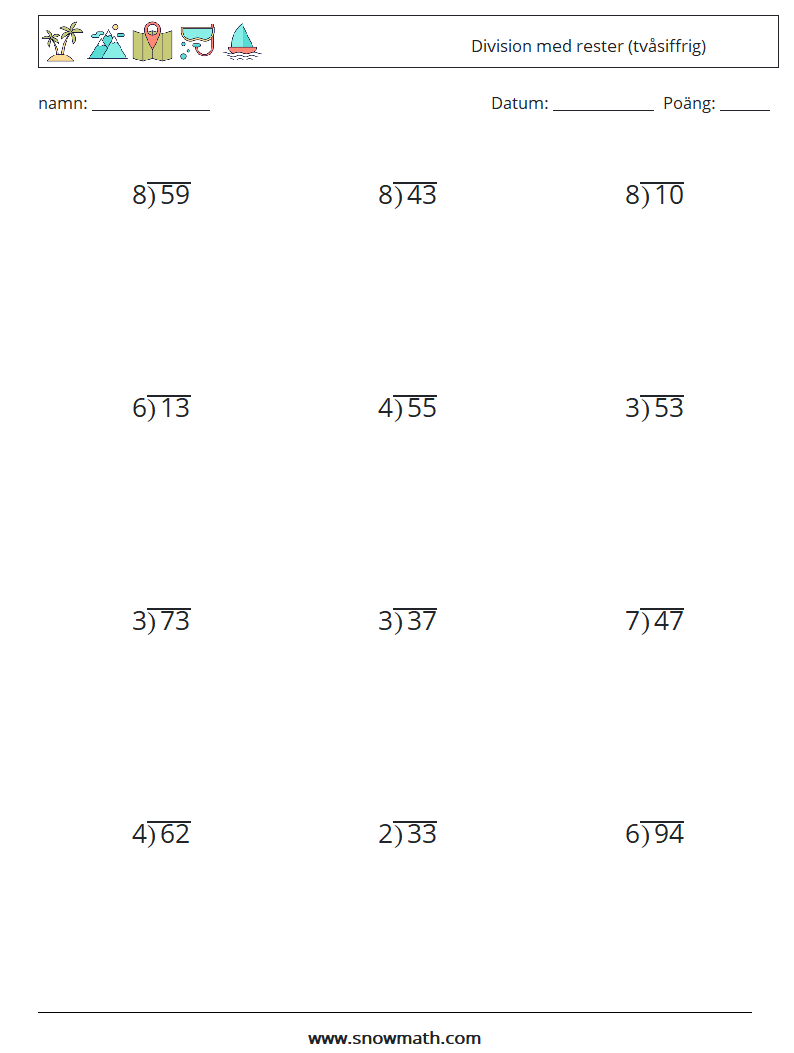 (12) Division med rester (tvåsiffrig) Matematiska arbetsblad 17