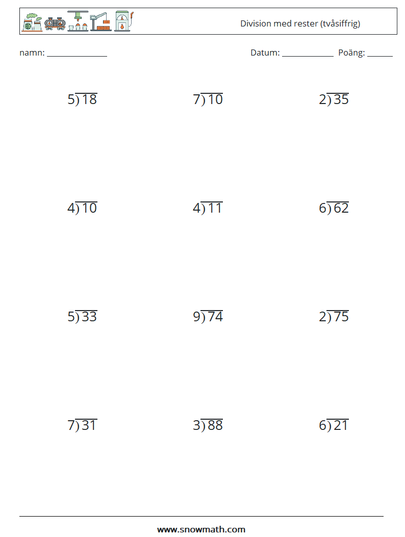 (12) Division med rester (tvåsiffrig) Matematiska arbetsblad 6