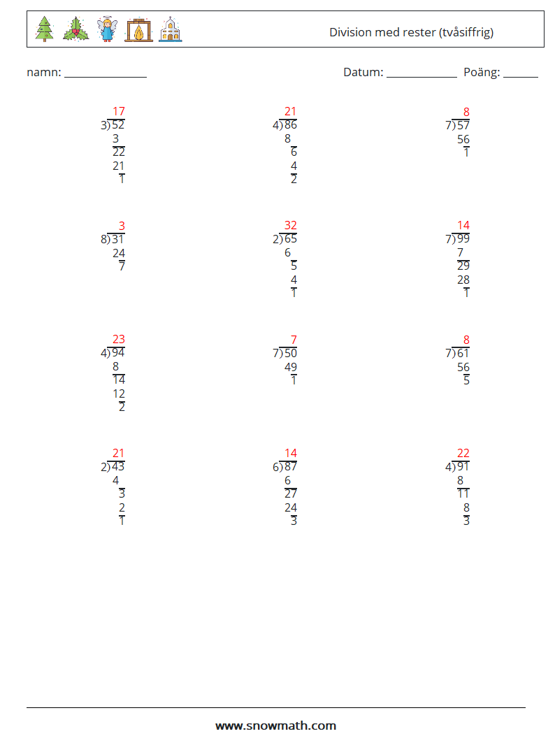 (12) Division med rester (tvåsiffrig) Matematiska arbetsblad 7 Fråga, svar