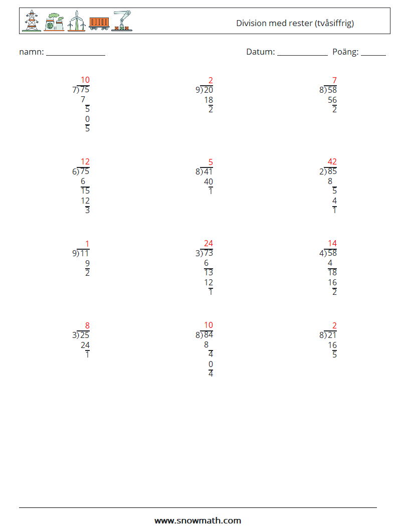 (12) Division med rester (tvåsiffrig) Matematiska arbetsblad 8 Fråga, svar