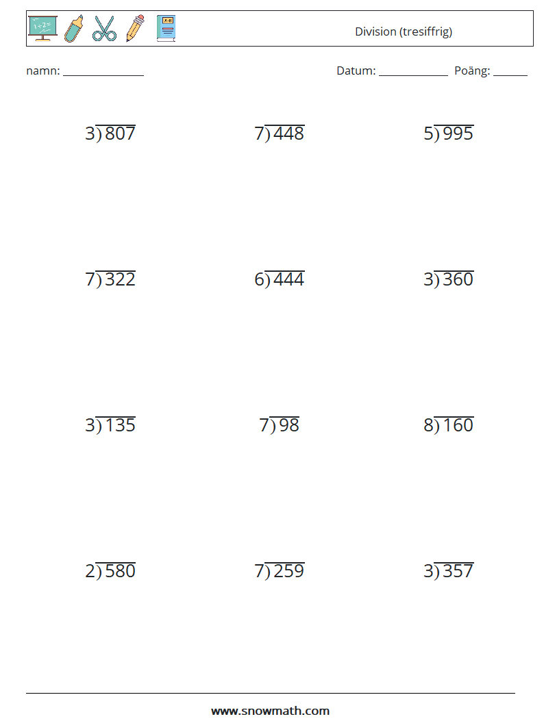 (12) Division (tresiffrig) Matematiska arbetsblad 1