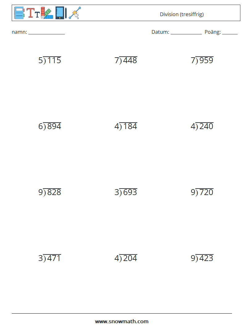 (12) Division (tresiffrig) Matematiska arbetsblad 10