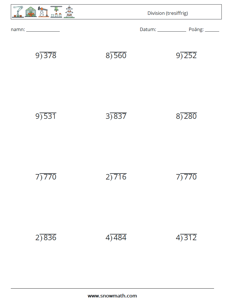 (12) Division (tresiffrig) Matematiska arbetsblad 11