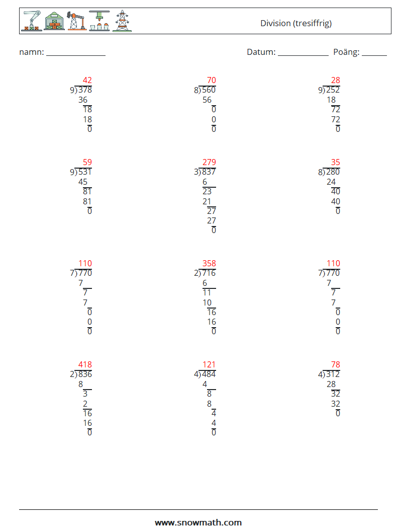 (12) Division (tresiffrig) Matematiska arbetsblad 11 Fråga, svar