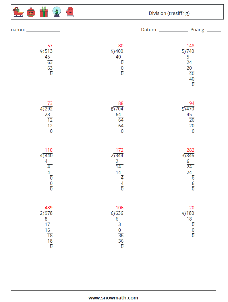 (12) Division (tresiffrig) Matematiska arbetsblad 12 Fråga, svar