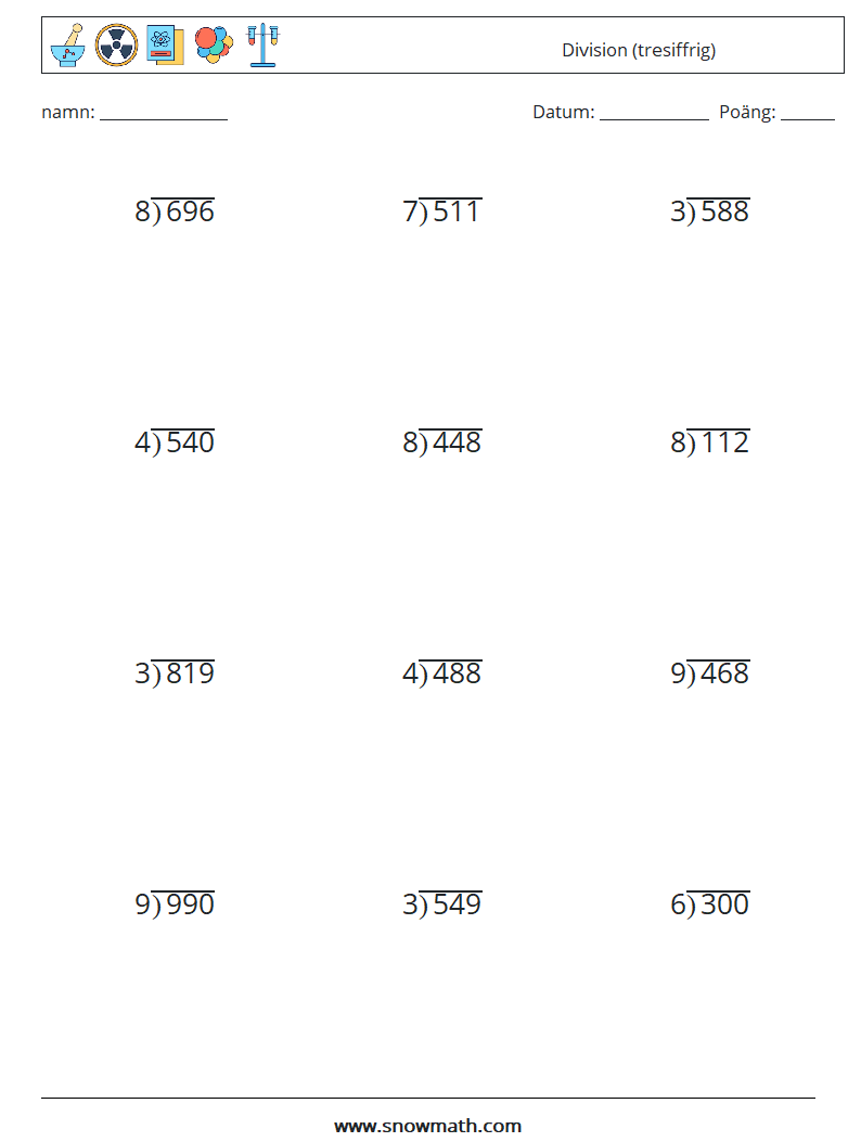 (12) Division (tresiffrig) Matematiska arbetsblad 13