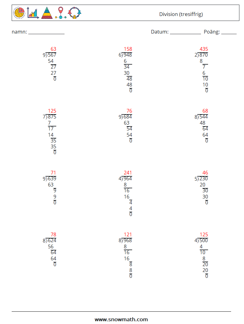 (12) Division (tresiffrig) Matematiska arbetsblad 14 Fråga, svar